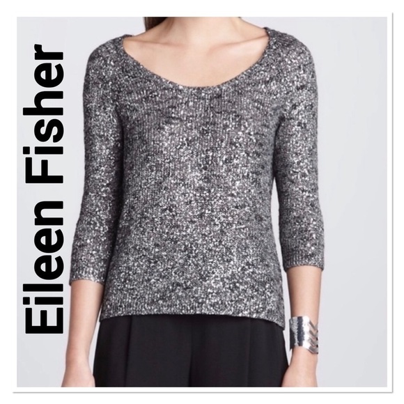 EILEEN FISHER Silver Knit Scoop Neck Sweater small petite - Picture 1 of 12